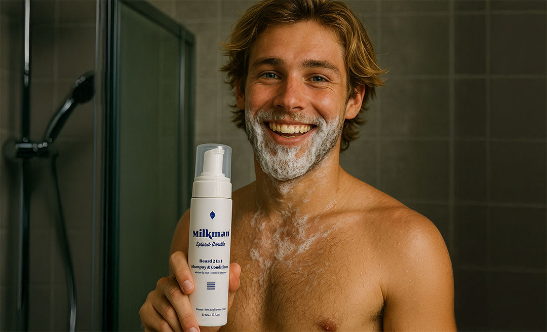 man with soft beard after using milkman beard oil, balm and shampoo