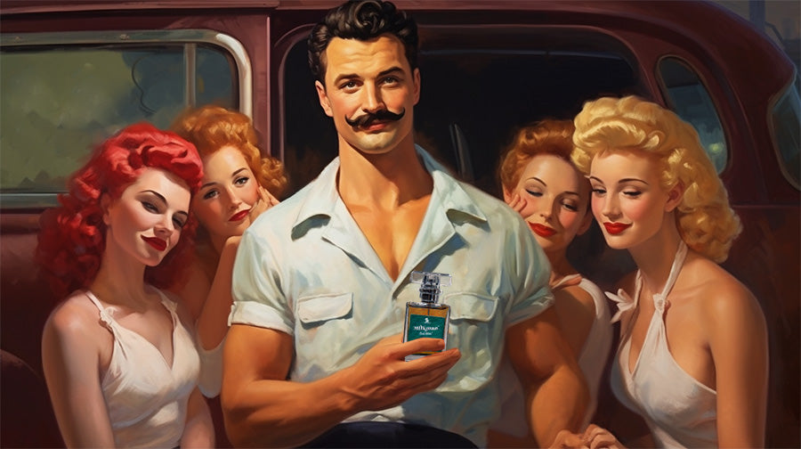 Man holding Milkman men's fragrance and surrounded by women