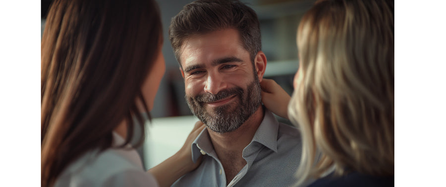 Man holding Milkman men's fragrance and surrounded by women