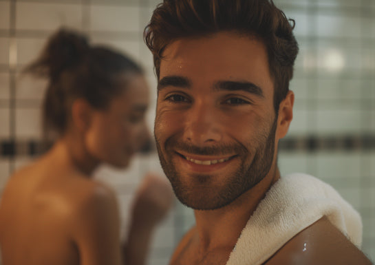 bearded man holding milkman body wash for men