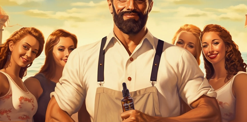 man holding milkman beard oil surrounded by ladies