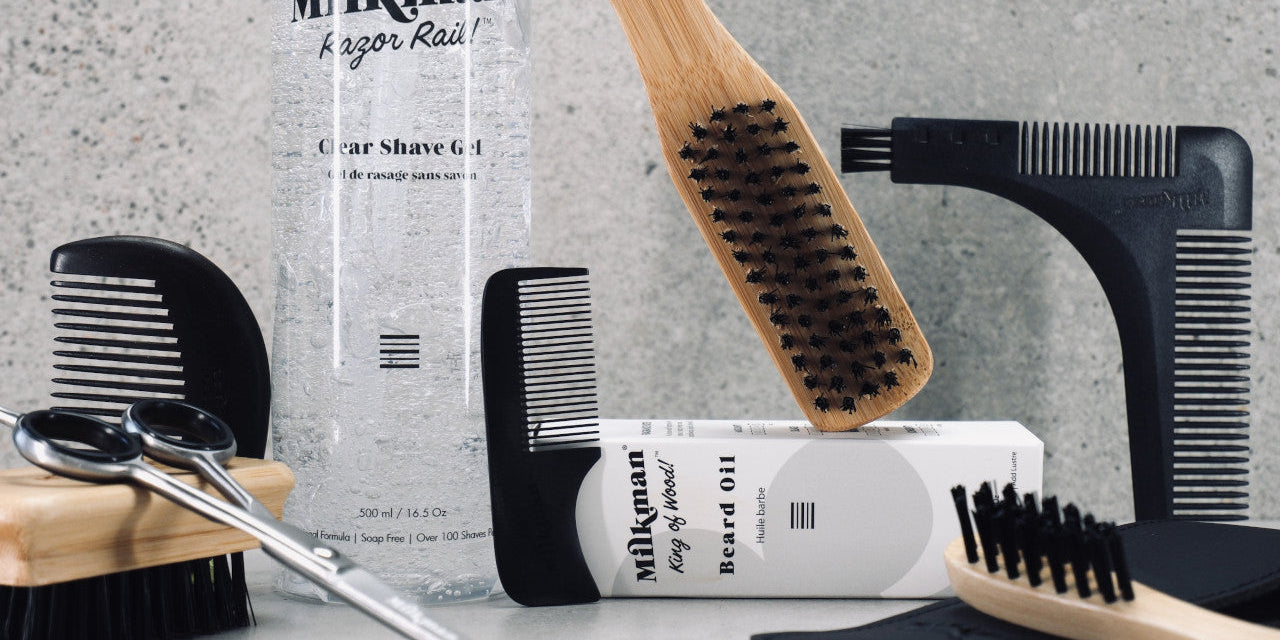 Milkman beard brushes and combs and scissors