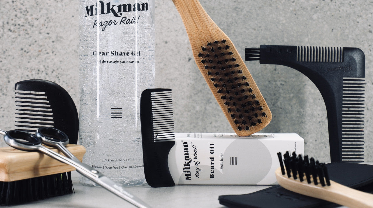 Milkman beard brushes and combs and scissors