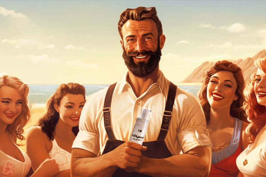 bearded man holding milkman beard wash