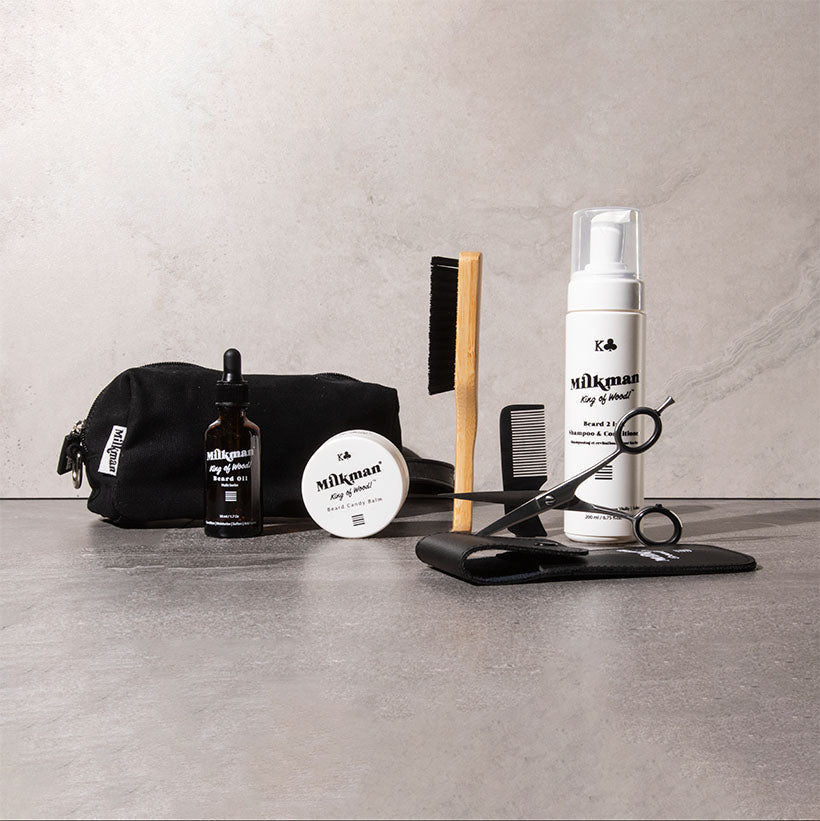 mens gift, advanced beard care kit with black toiletry dopp bag