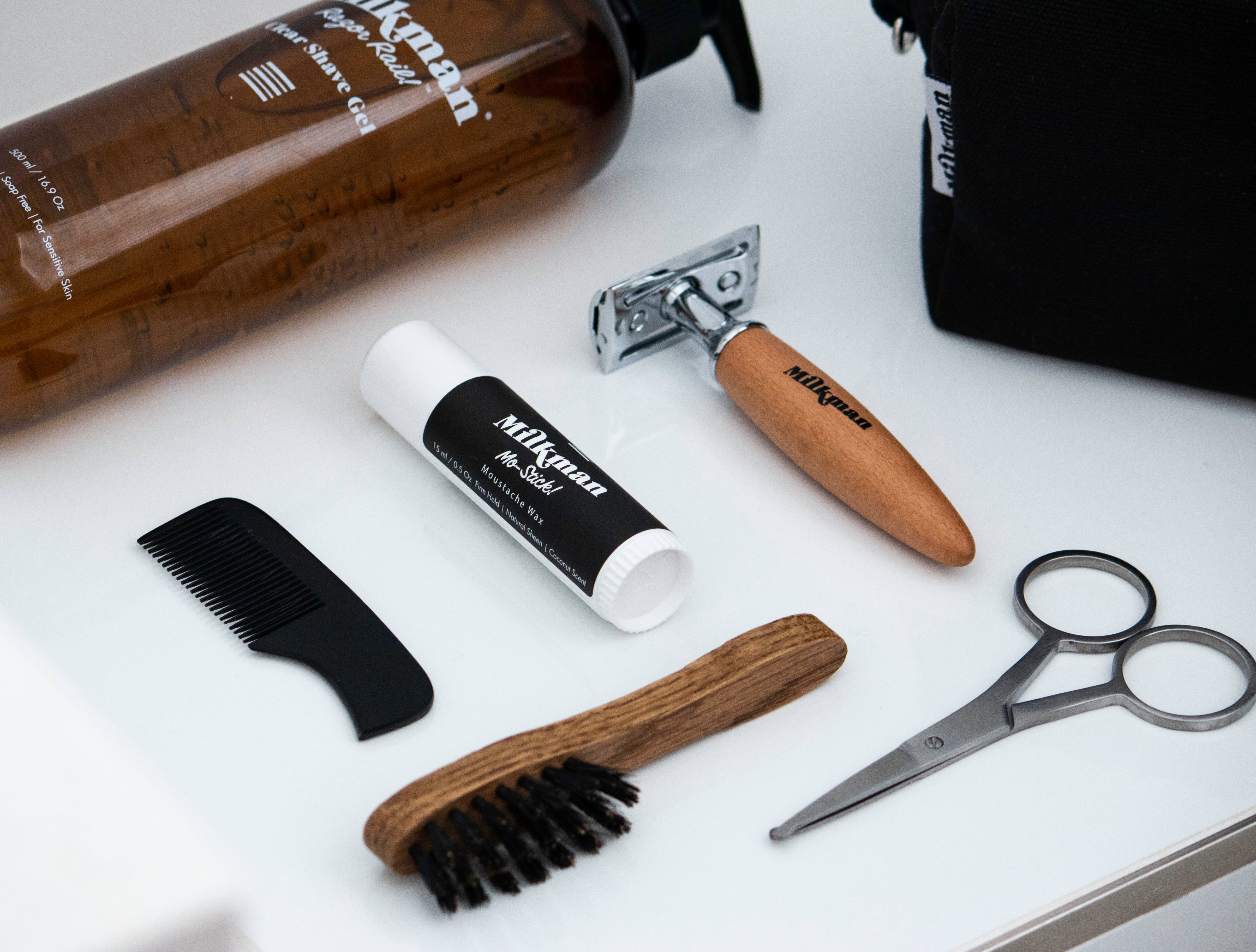 milkman moustache styling tools including moustache wax