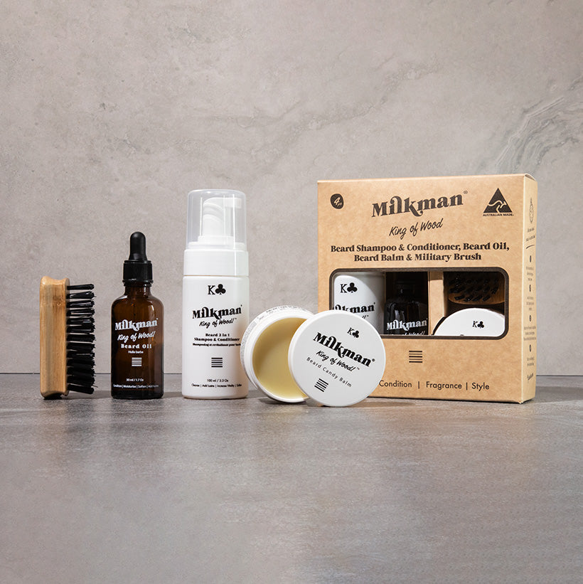 4 pack Milkman beard oil, balm, wash and brush 