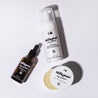 a flat lay of beard oil, beard wash 100ml and beard balm