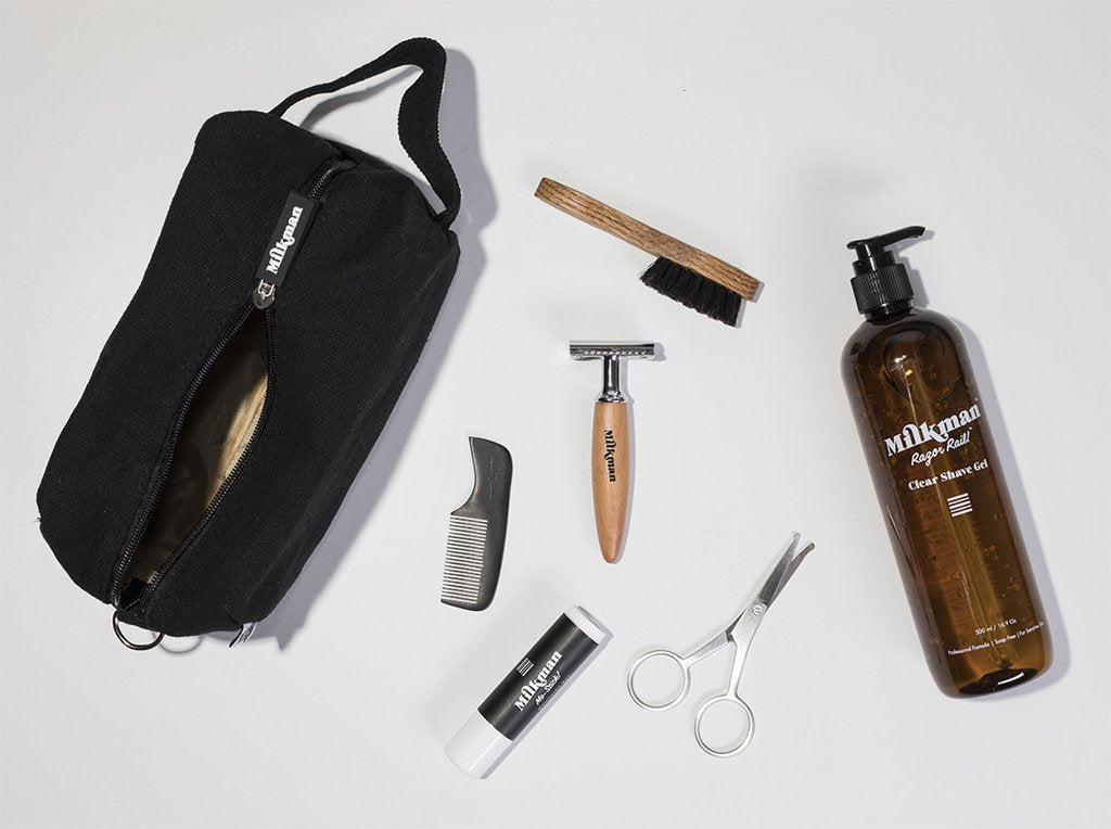 moustache rescue kit flat lay with all the products out on a white background