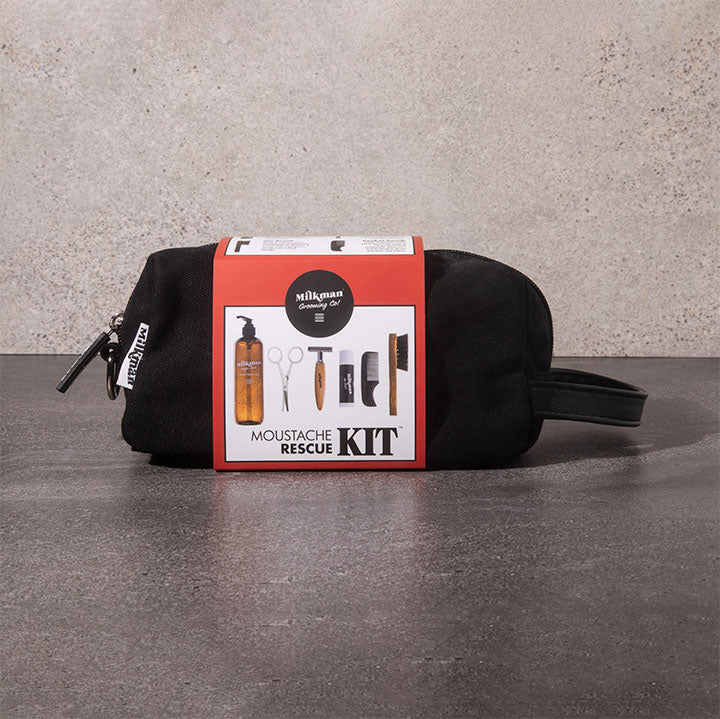 moustache rescue kit with toiletry bag and branded collar