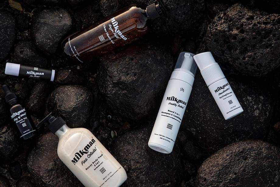milkman grooming products including body wash, beard oil. deodorant, beard wash & hair styling powder