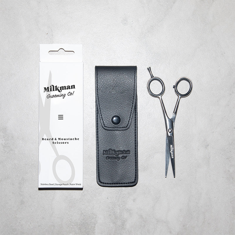 milkman premium beard scissors with leather look pouch and box