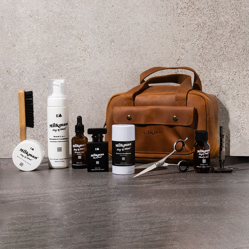 ultimate beard care kit with leather toiletry dopp bag (king of wood scent)