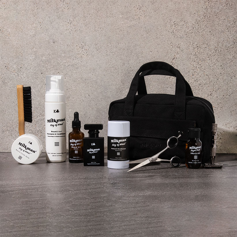 ultimate beard care kit with canvas toiletry dopp bag (king of wood scent)